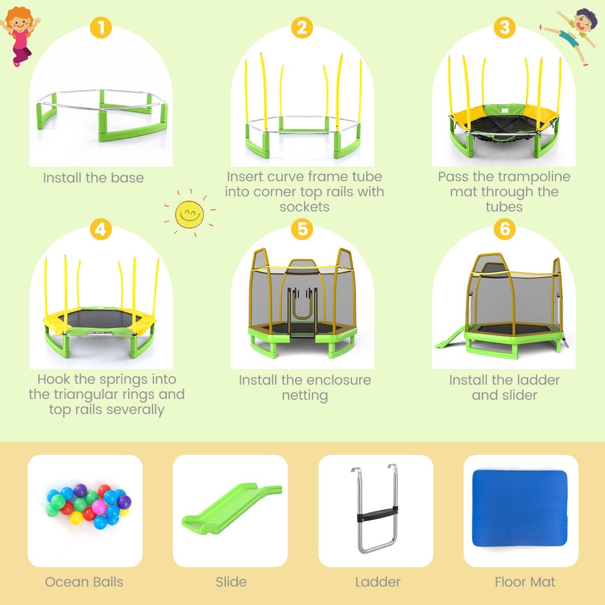 Fun Combo: 3-in-1 7FT Trampoline with Slide, Ladder & Ocean Balls for Kids