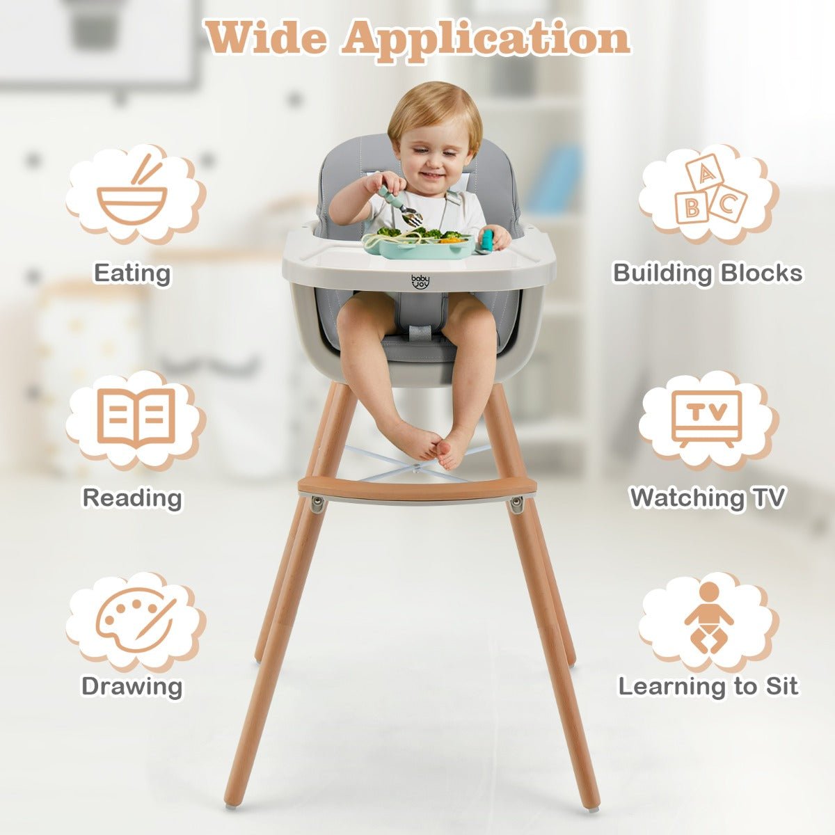 Get 3-in-1 Baby High Chair - Adjustable Legs and Tray - Grey