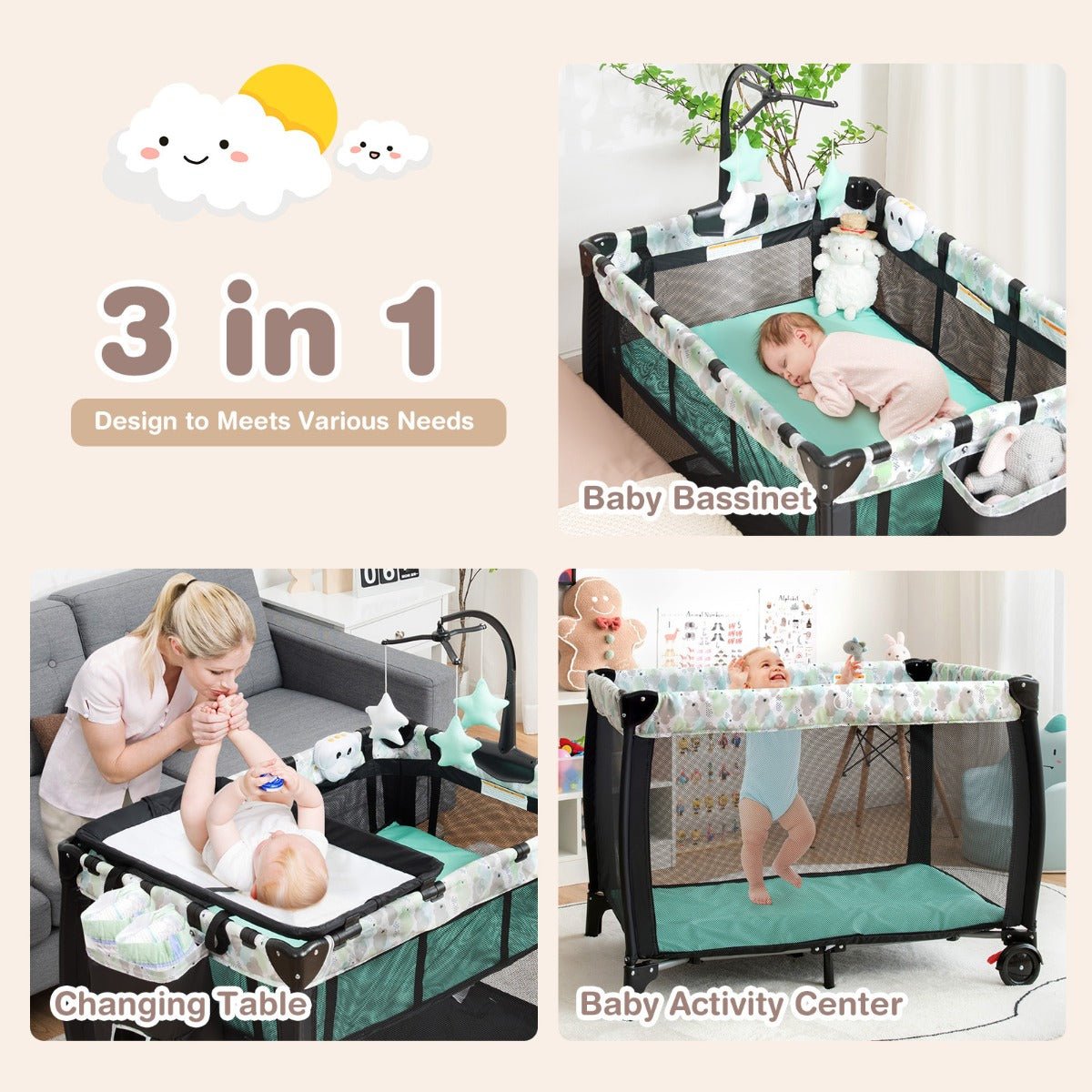 3 in 1 Baby Portable Cot Sleeper Changer Kids Mega Mart