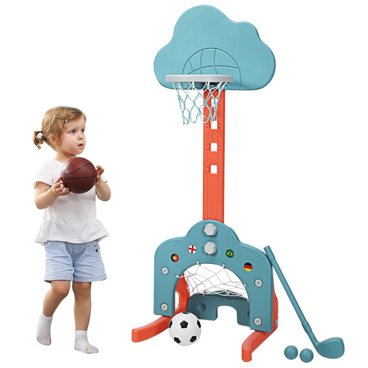 Green 3-in-1 Basketball Hoop Stand: Active Play with Height Adjusts