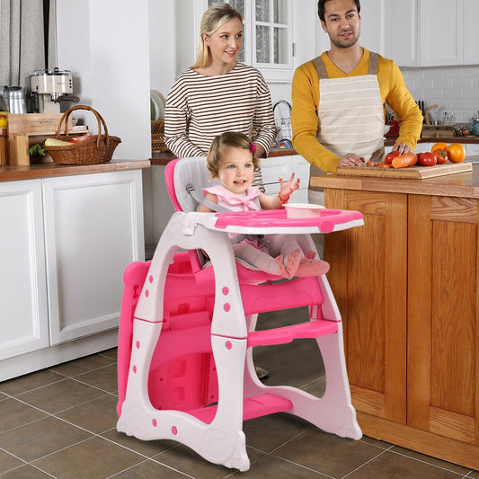 Convertible Baby High Chair - 3 in 1 Design, Pink Seating with Tray