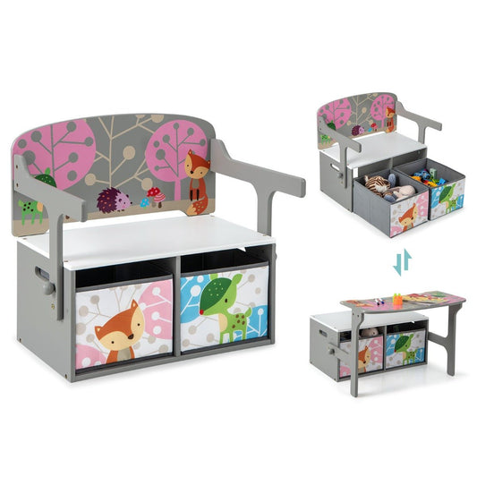 Grey storage activity bench for kids play and learning, versatile 3-in-1 design.