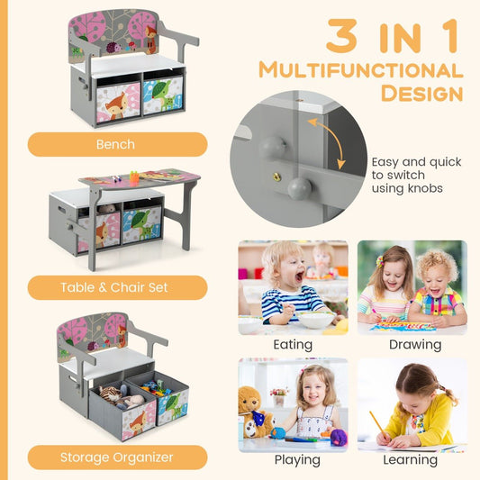 Grey storage bench with play and learning features for childrens home activities.