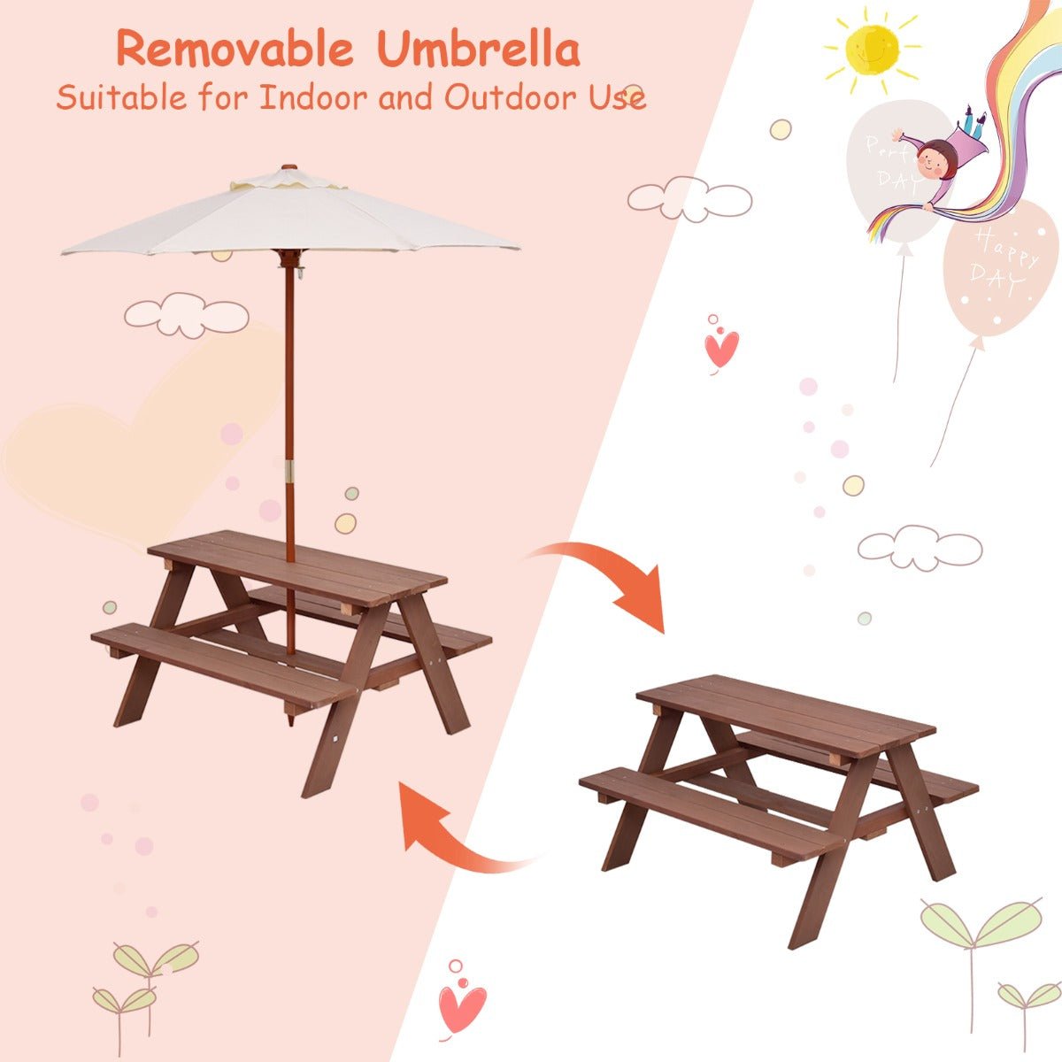 Kids Garden Adventure: 3-in-1 Picnic Table Set with Removable Umbrella