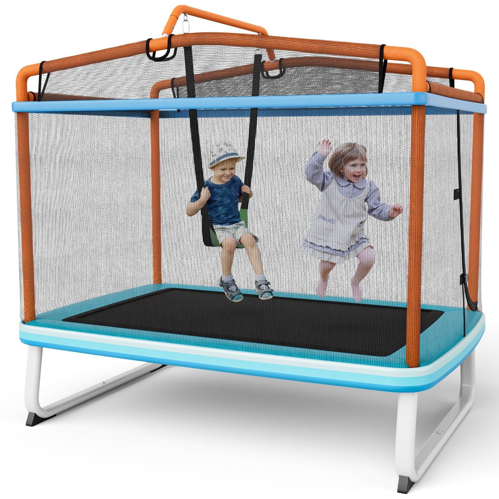 Elevate Playtime: 3-in-1 Rectangle Trampoline with Swing & Horizontal Bar Orange