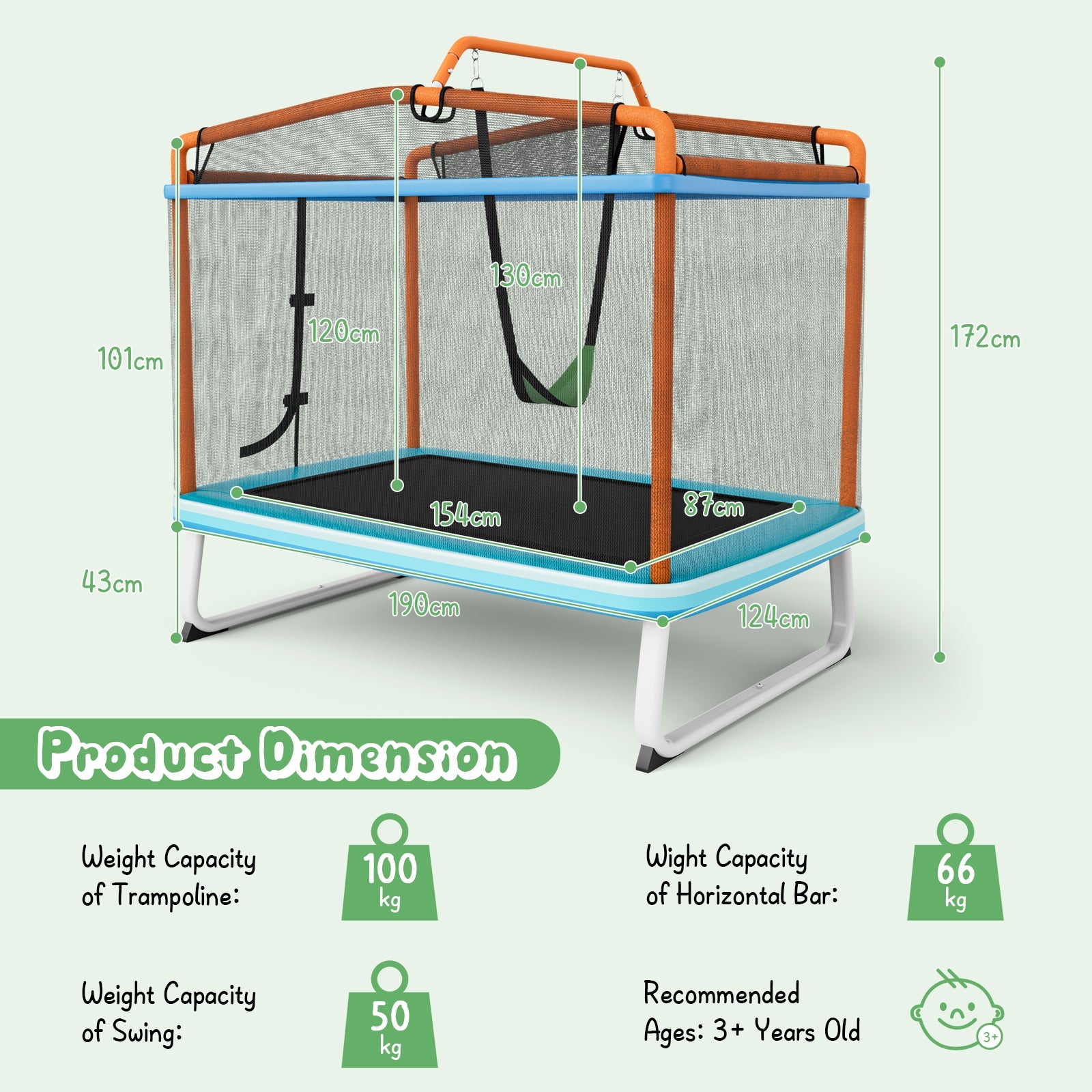 Boundless Play: 3-in-1 Rectangle Trampoline with Swing & Horizontal Bar Orange