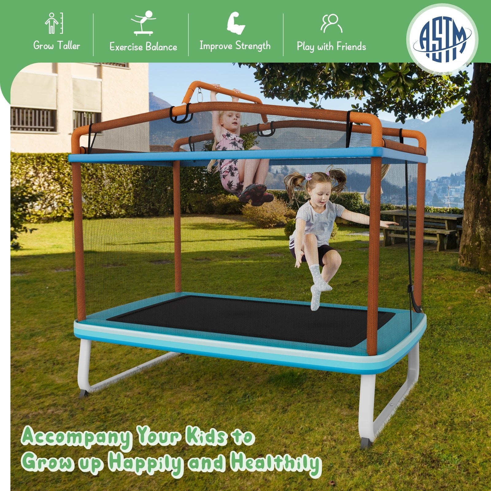 Exciting Combo: 3-in-1 Rectangle Trampoline with Swing & Horizontal Bar Orange