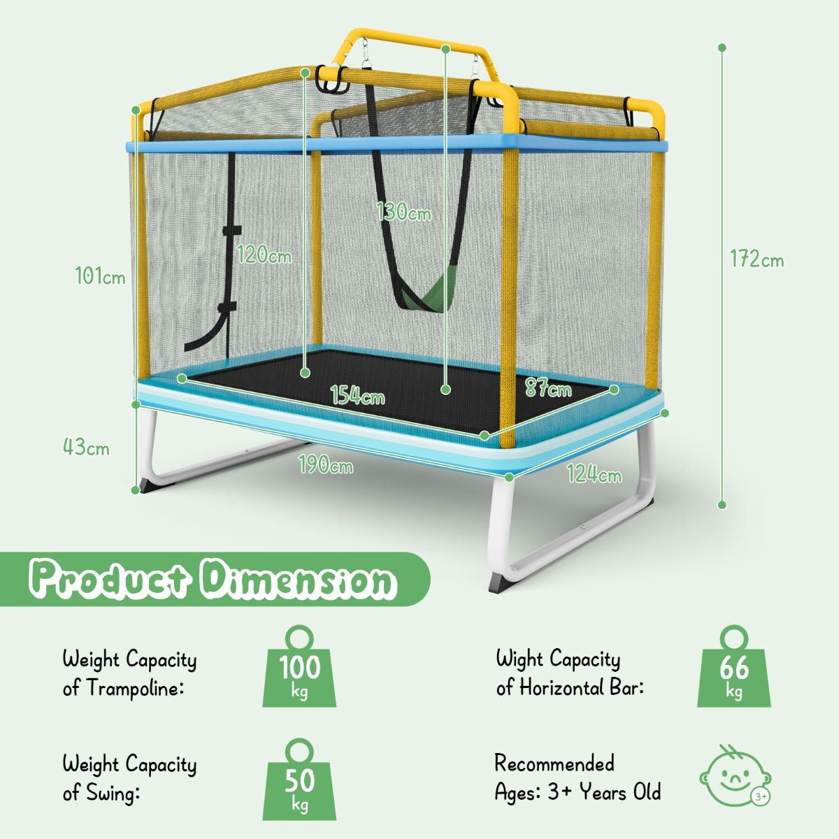 Ultimate Active Fun: 3-in-1 Rectangle Trampoline with Swing & Horizontal Bar Yellow
