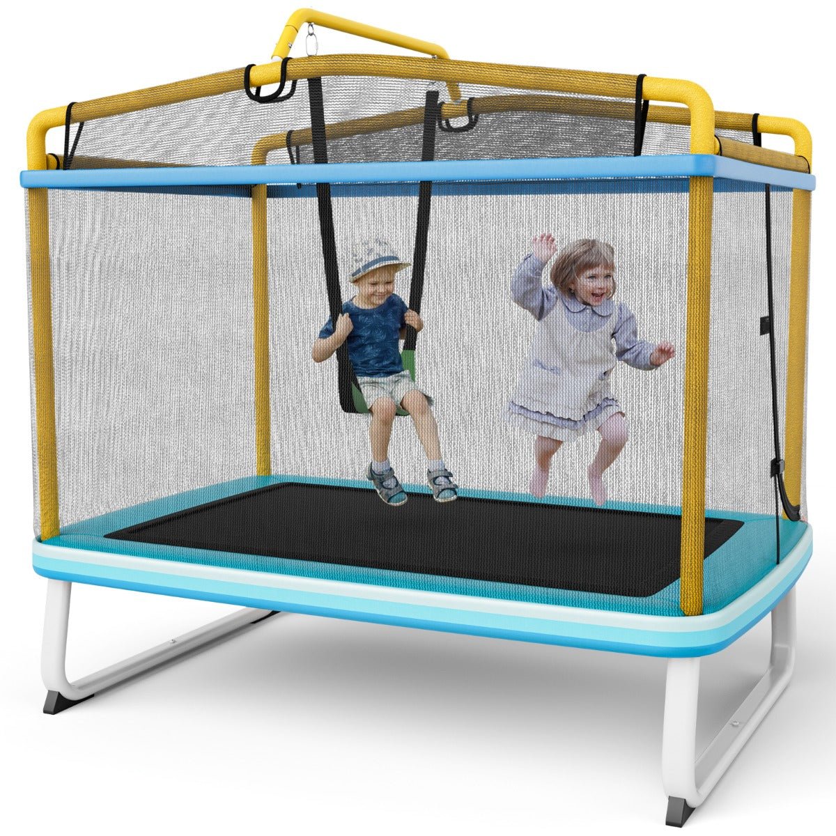 Play and Swing Fusion: 3-in-1 Rectangle Trampoline with Swing & Horizontal Bar Yellow