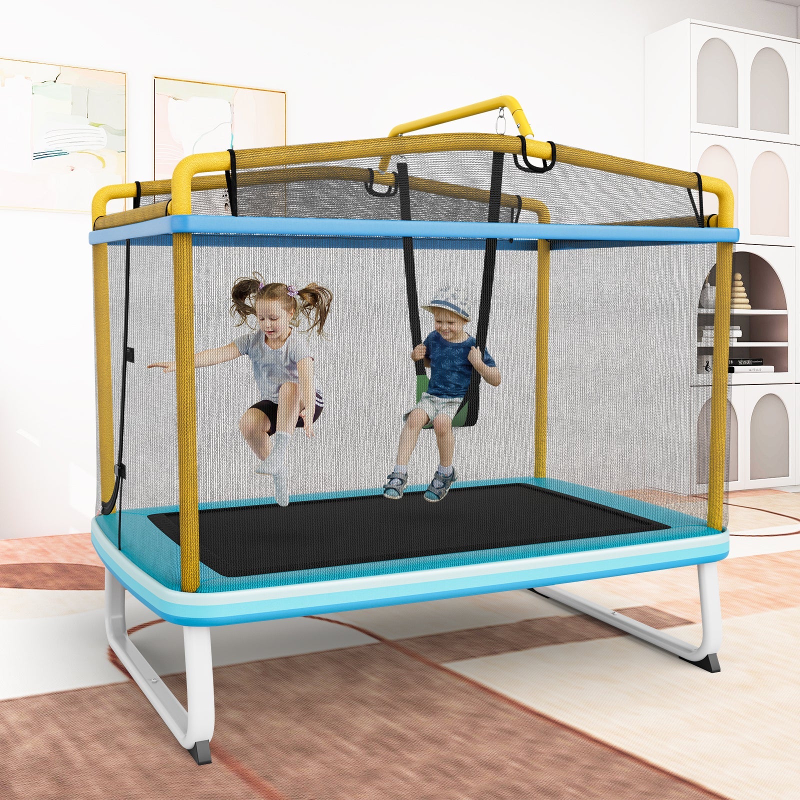 Swing into Joy: 3-in-1 Rectangle Trampoline with Swing & Horizontal Bar Yellow