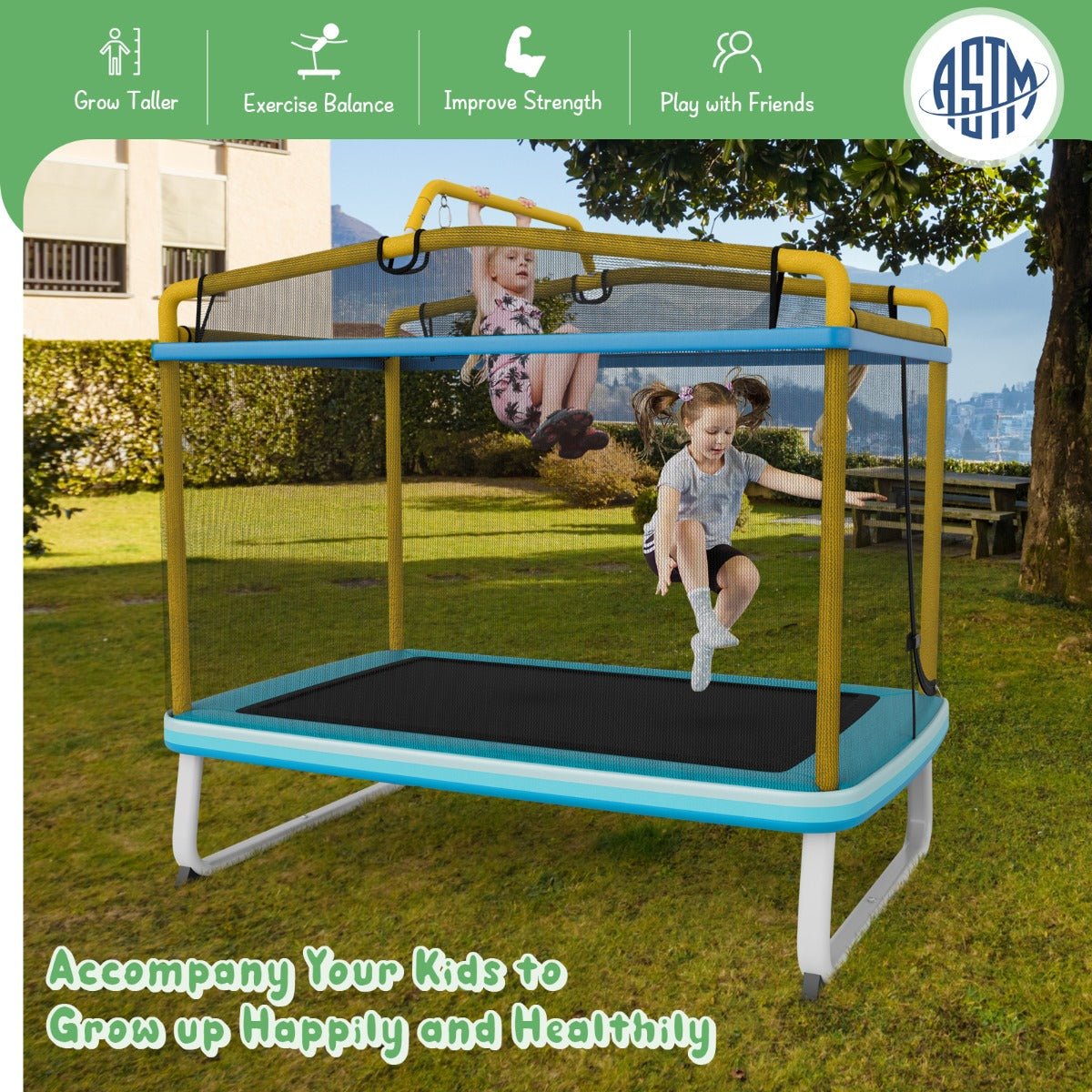 Swing and Bounce Thrills: 3-in-1 Rectangle Trampoline with Swing & Horizontal Bar Yellow