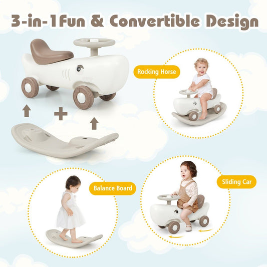 Kids 3-in-1 versatile toy - rocking pony, balance board and slide car in white.