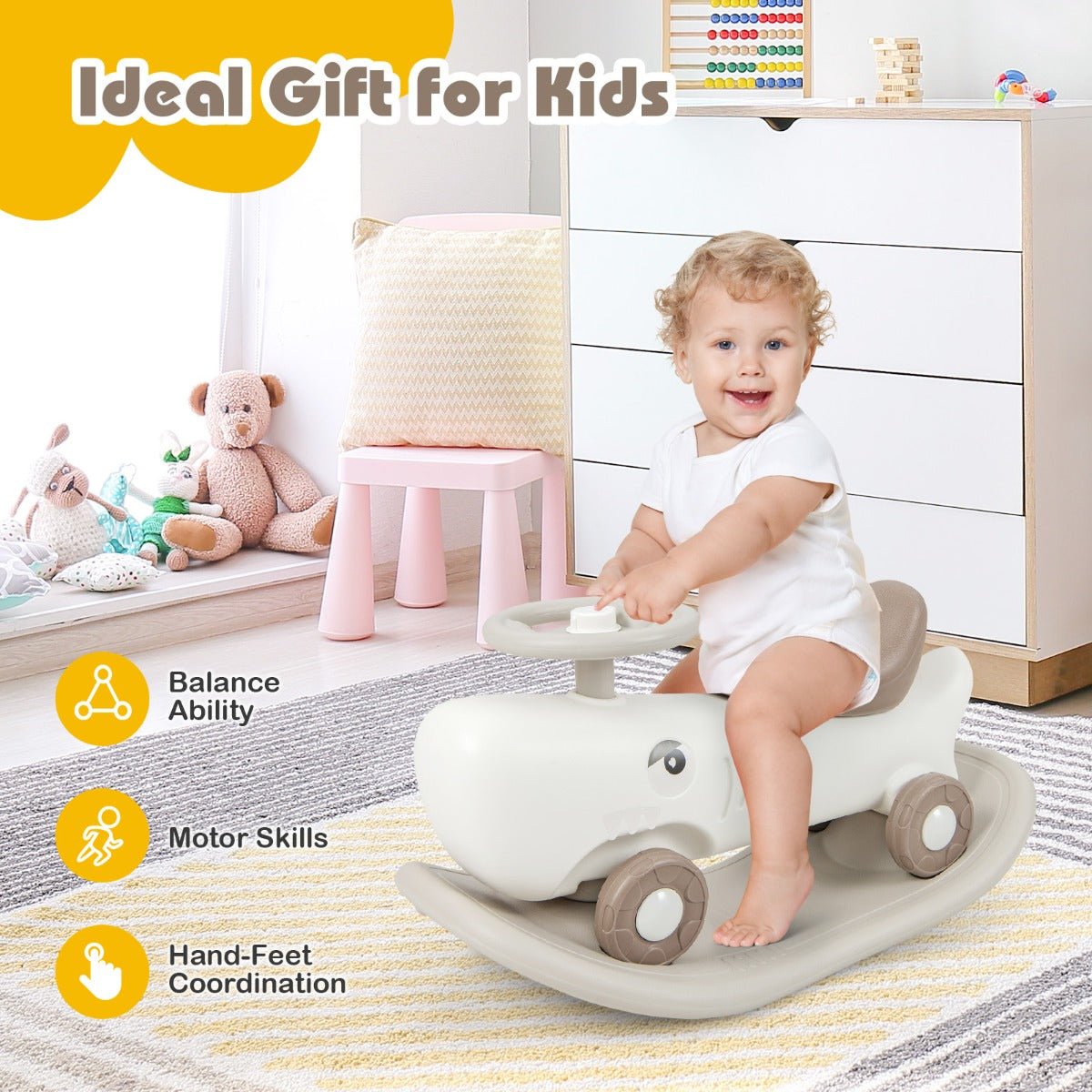 White 3-in-1 kids toy | rocking pony, balance board and slide car for versatile play at home.