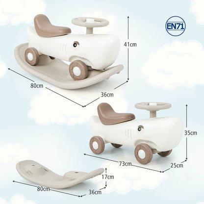 Kids 3-in-1 rocking pony, balance board, and slide car in white color.