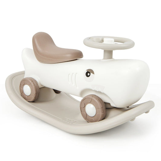 White 3-in-1 Kids Rocking Pony transforms into Balance Board and Slide Car. Ideal for indoor play.