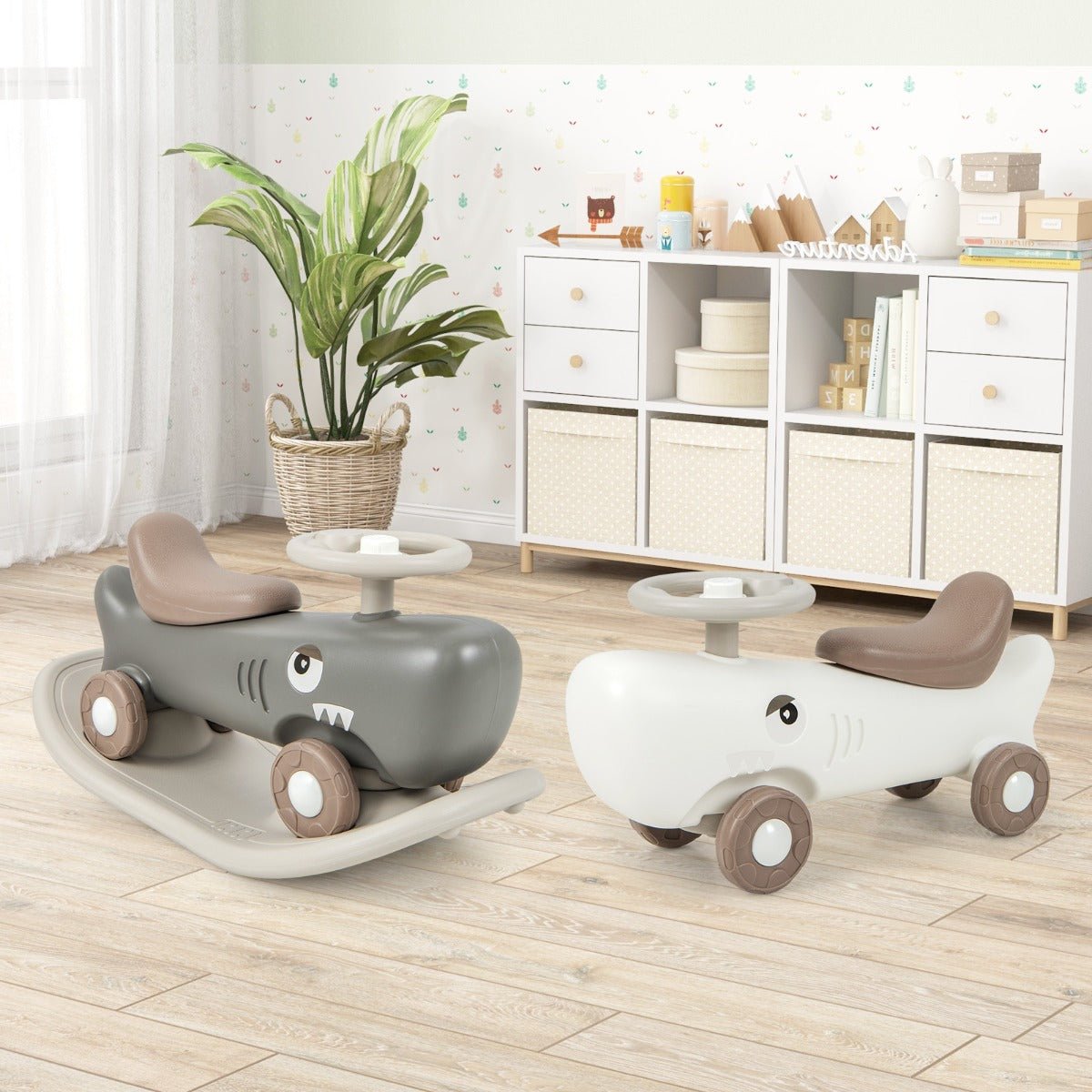 Versatile 3-in-1 kids toy | rocking pony, balance board, and slide car in white color.