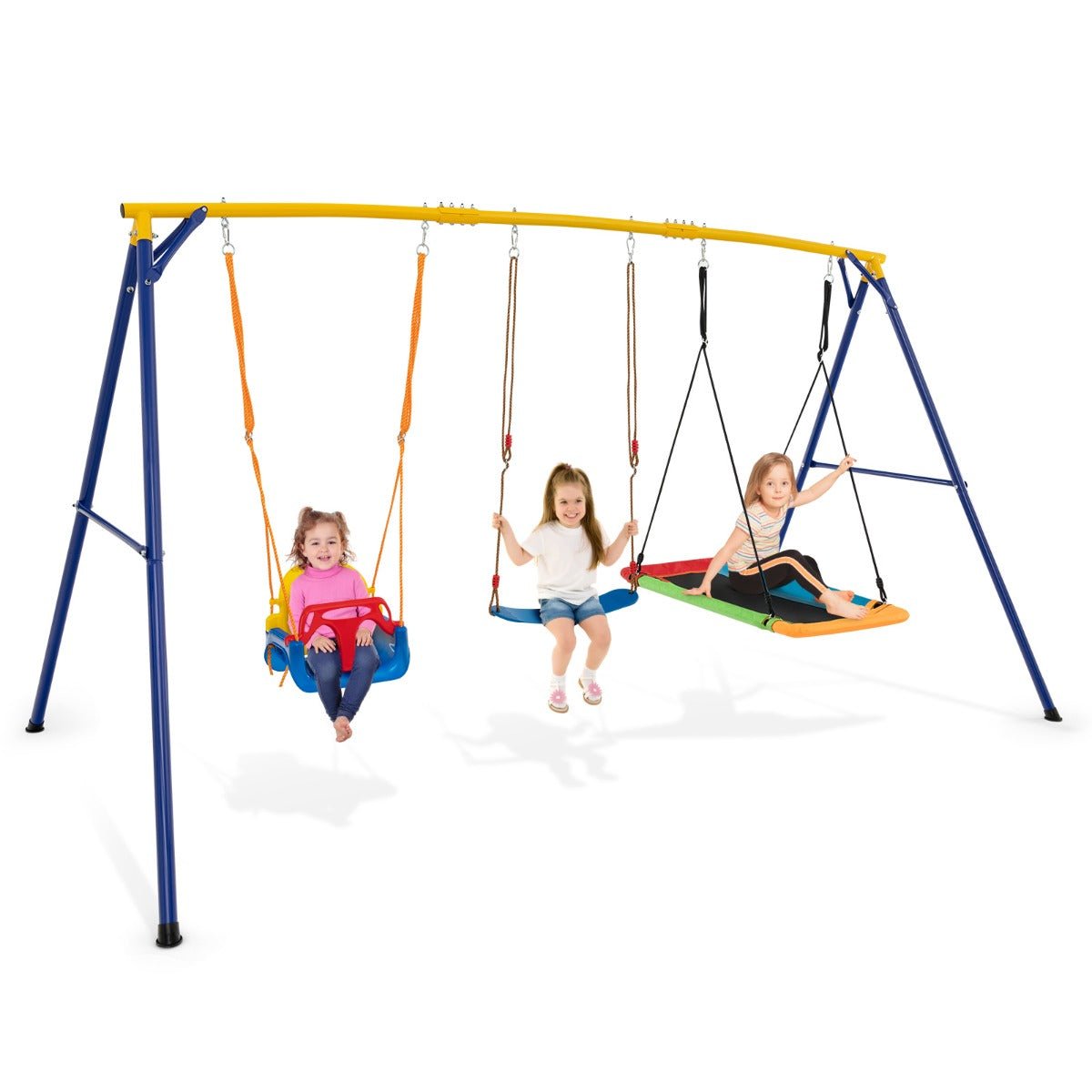 Versatile 3-in-1 kids swing set with adjustable outdoor playground frame for home play.