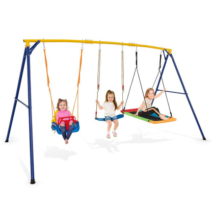 Versatile 3-in-1 kids swing set with adjustable outdoor playground frame for home play.