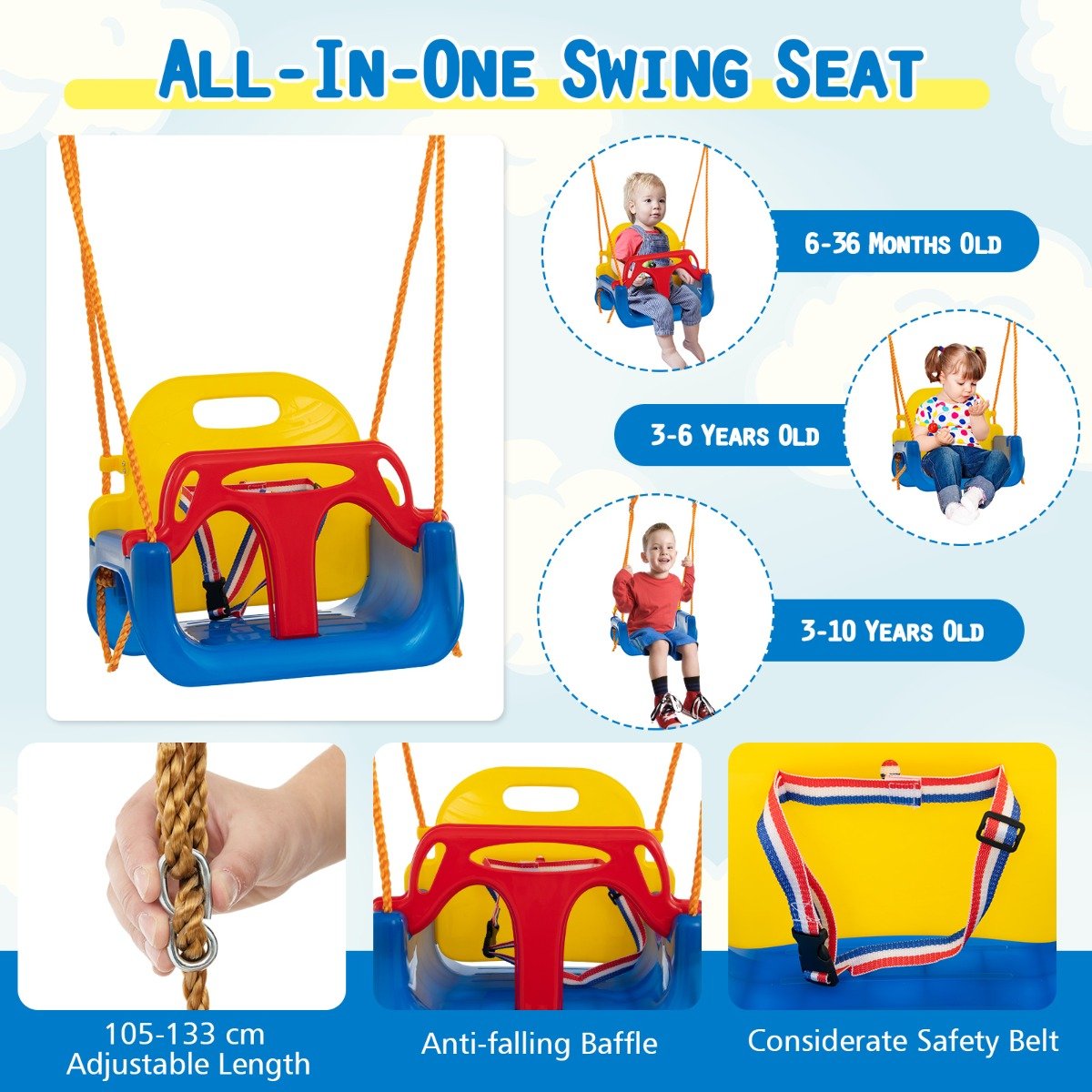 3-in-1 Kids Swing Set with Adjustable Outdoor Playground Frame for at-home play.