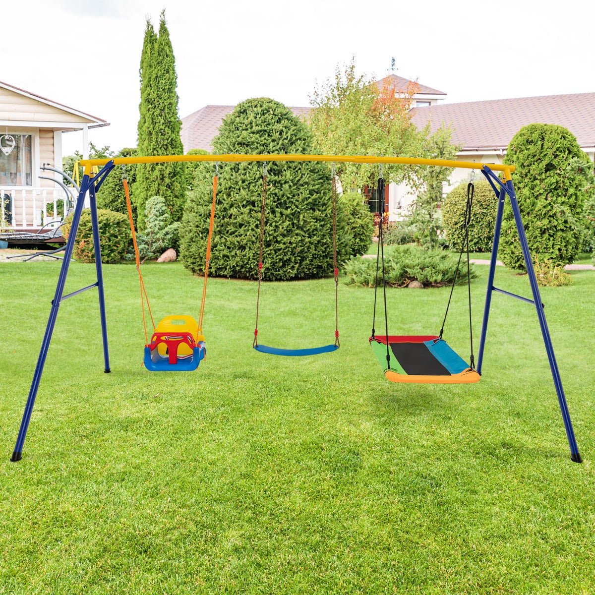 Versatile 3-in-1 Kids Swing Set with Adjustable Outdoor Playground Frame for backyard fun.