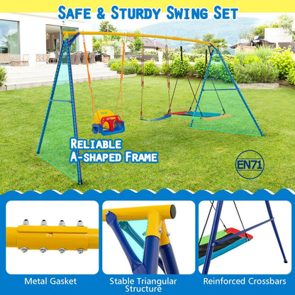 Kids 3-in-1 swing set with adjustable outdoor frame for fun backyard playtime.