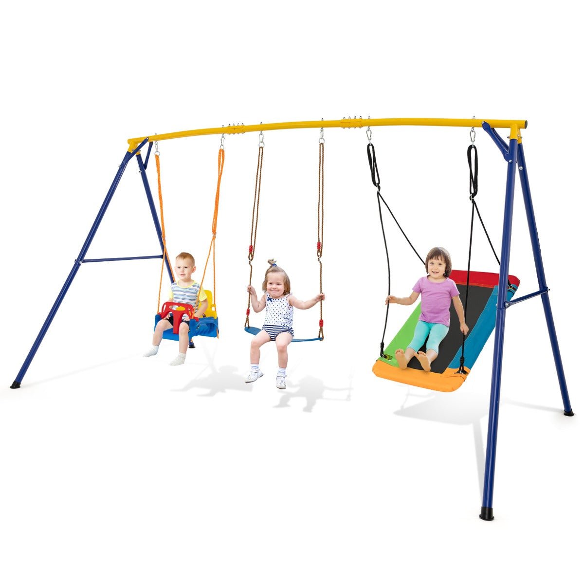 Versatile 3-in-1 Kids Swing Set with adjustable playground frame for outdoor fun at home.