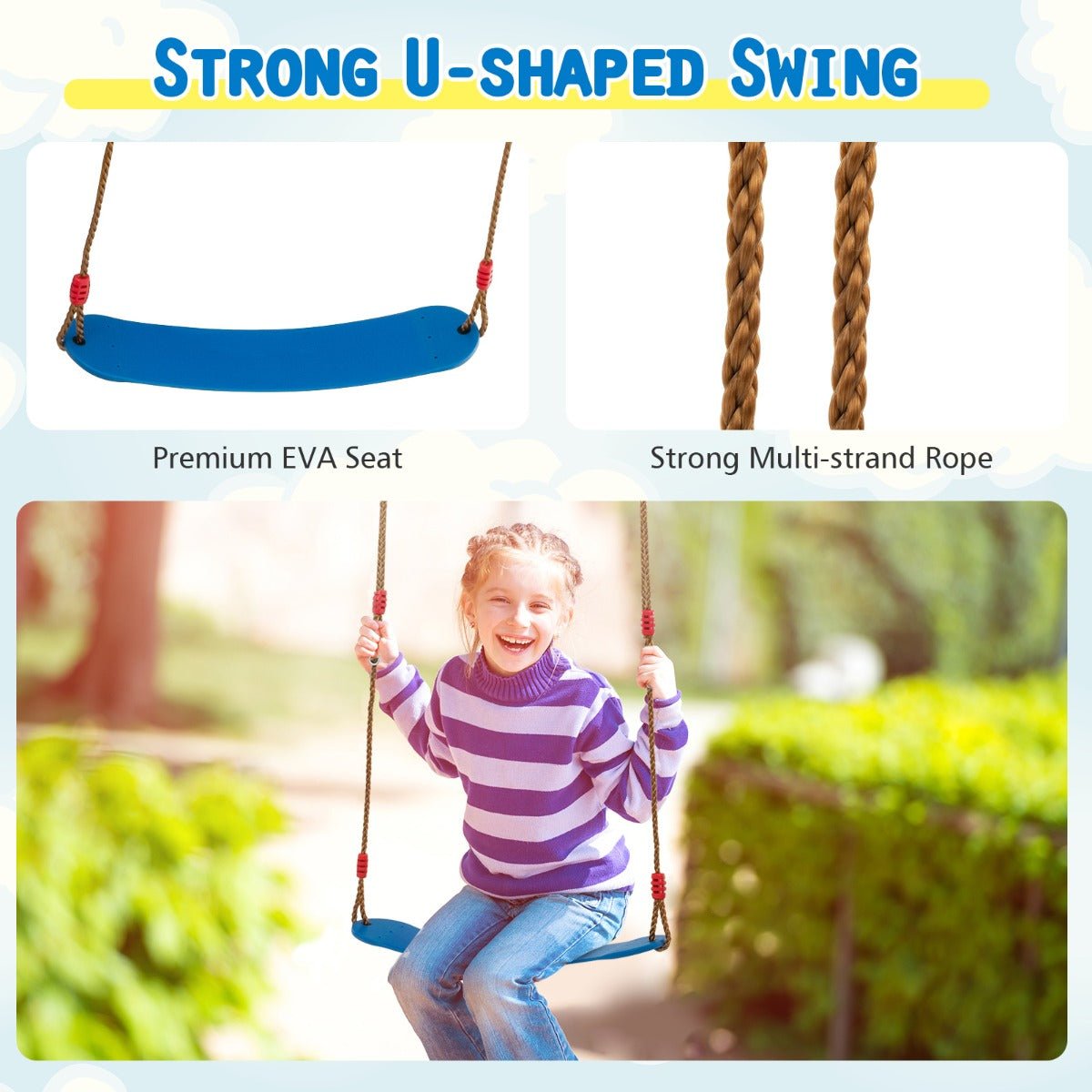 Multi-functional kids swing set with adjustable frame for outdoor playground fun.