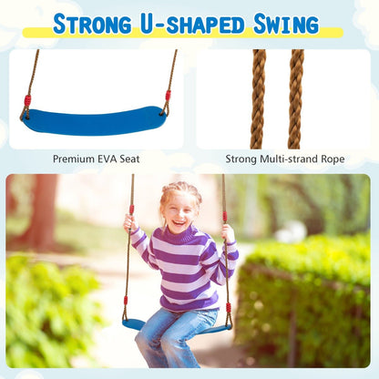 Multi-functional kids swing set with adjustable frame for outdoor playground fun.