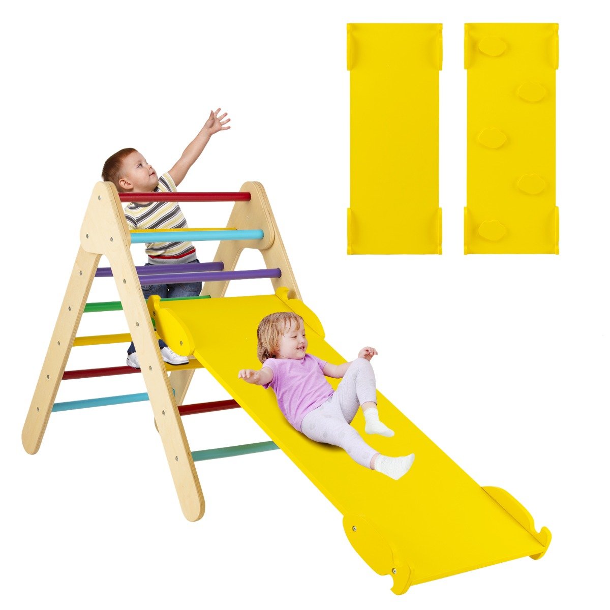 Kid's Wooden Climbing Triangle Set - Slide, Climb, and Reversible Ramp