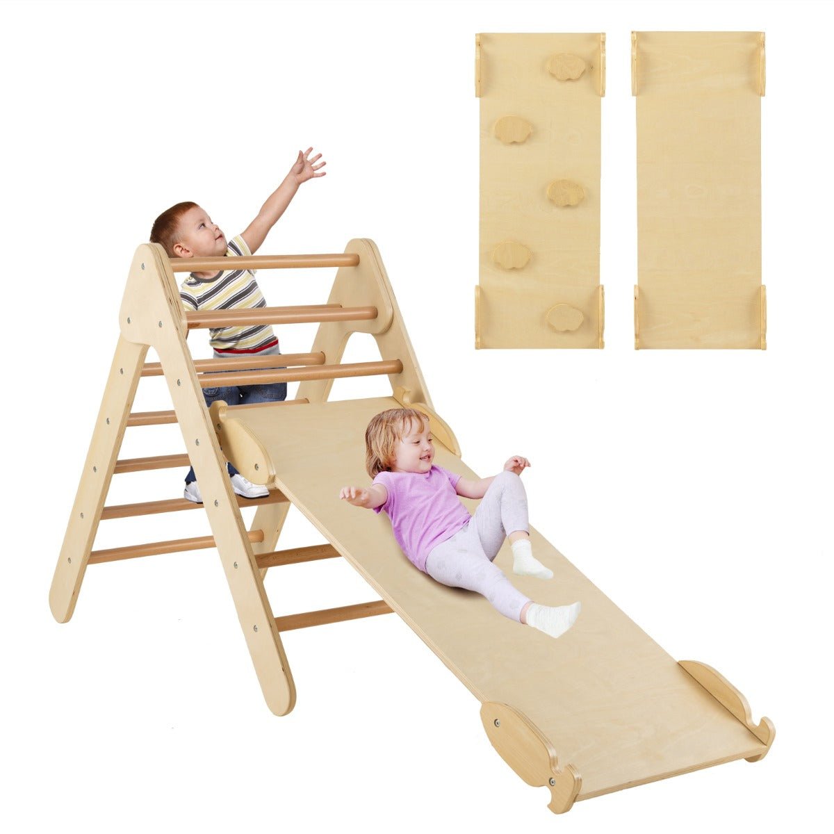 Playful Exploration: Reversible Ramp Wooden Climbing Triangle Set with Slide