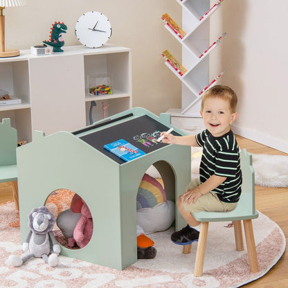 Vibrant Kids Furniture Set: Green Wooden Table and Chairs with Chalkboards