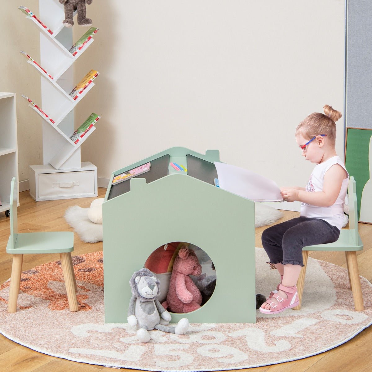 Engaging Green Chalkboard Set: Wooden Table and Chairs for Imaginative Play