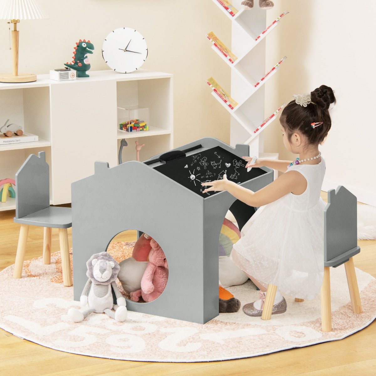 Versatile Kids Furniture: Grey Wooden Table and Chairs with Chalkboards