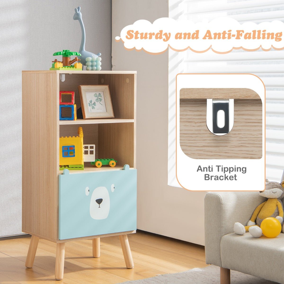 Kid's Room Wooden Bookshelf - 3-Tier Storage for Playful Learning