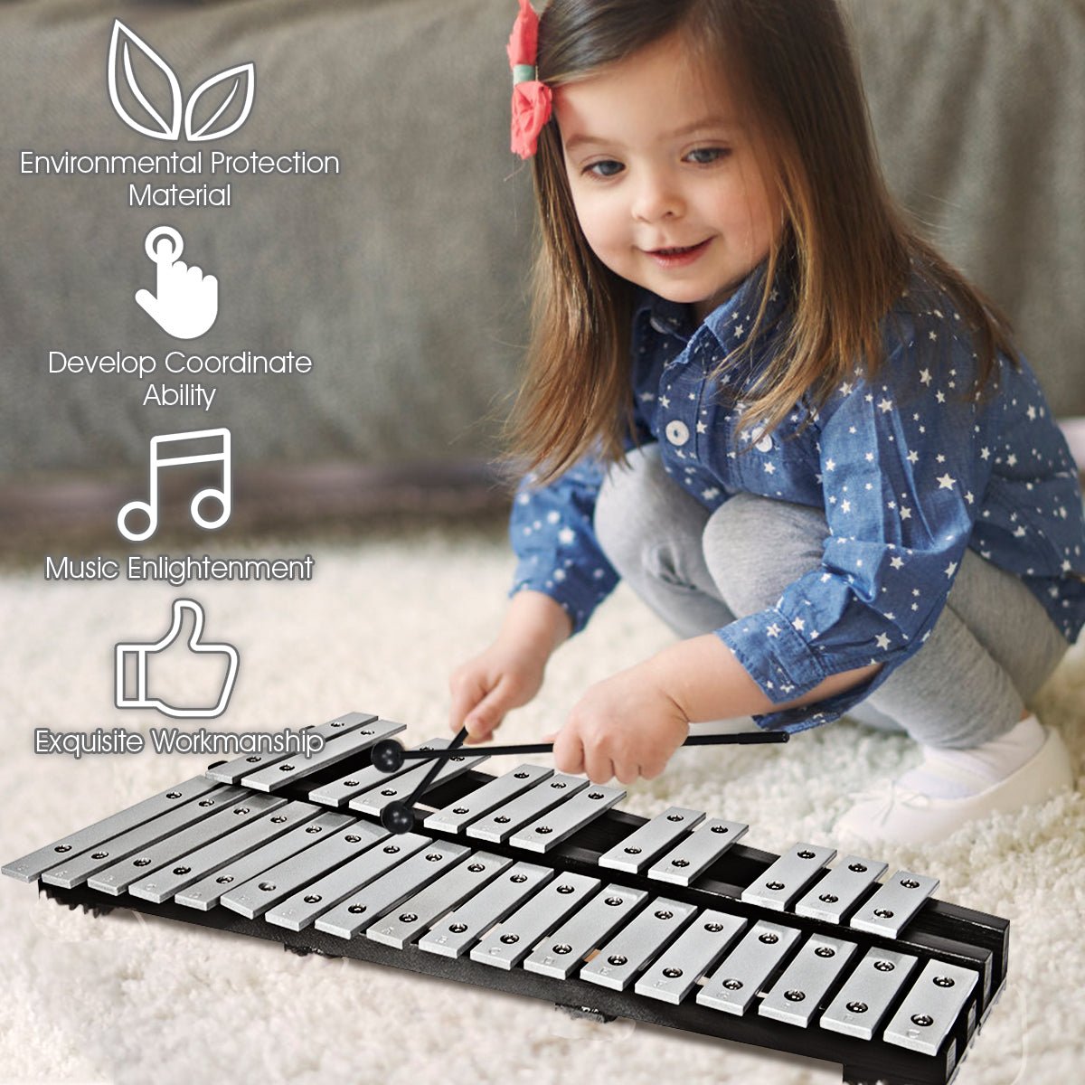 Musical Discovery: 30 Note Glockenspiel Xylophone with Wood Base for Kids