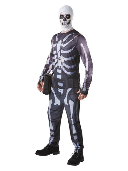 Skull Trooper adult costume with accessories for Fortnite fans, ideal for Halloween dress-up.