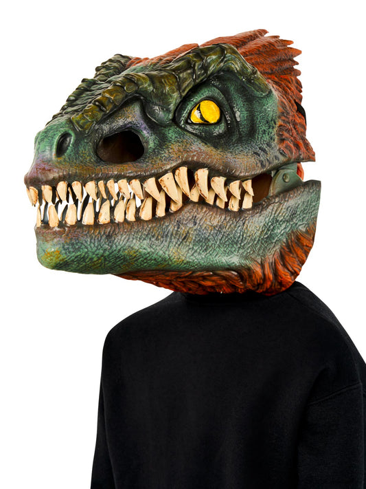 Pyroraptor mask with movable jaw for imaginative play, perfect for kids Jurassic World adventures.