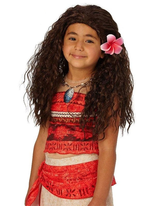 Moana Disney Princess wig for kids, brown wavy hair with flower, ideal for playtime.