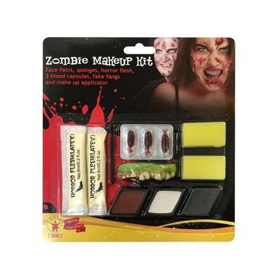 Zombie makeup kit with fake blood and latex for kids Halloween costumes at home.