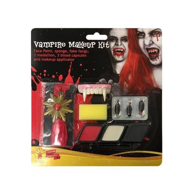 Vampire makeup kit for kids includes fake blood and teeth for spooky dress-up fun.