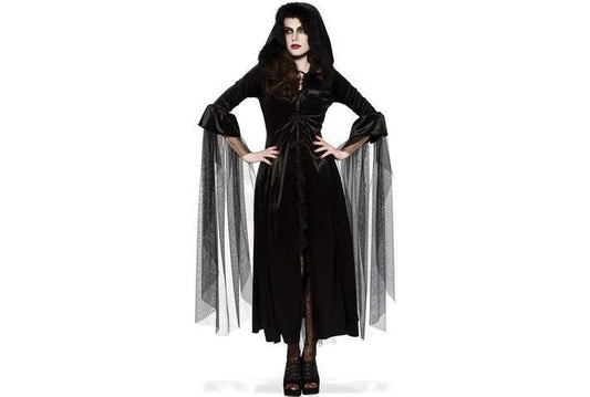 Black velvet hooded witch robe, perfect for adult Halloween costume parties.