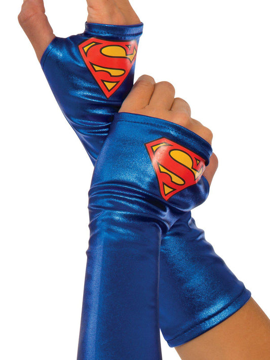 Supergirl logo metallic gauntlets, ideal for playtime dress-up fun at home by kids.