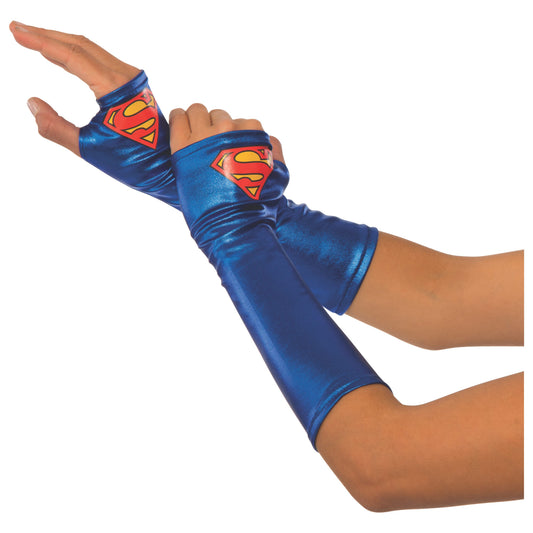 Supergirl logo metallic gauntlets, perfect for kids cosplay, authentic DC Comics merchandise.