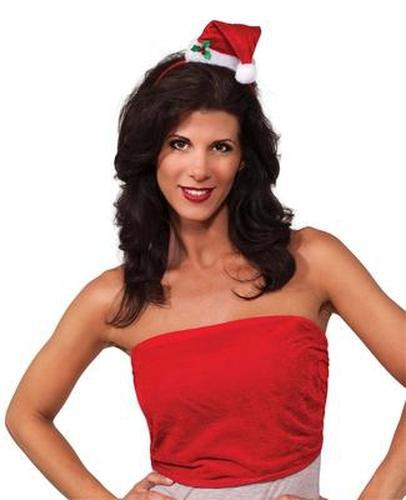 Adult red velour mini Santa hat headband with holly for festive holiday dress-up.