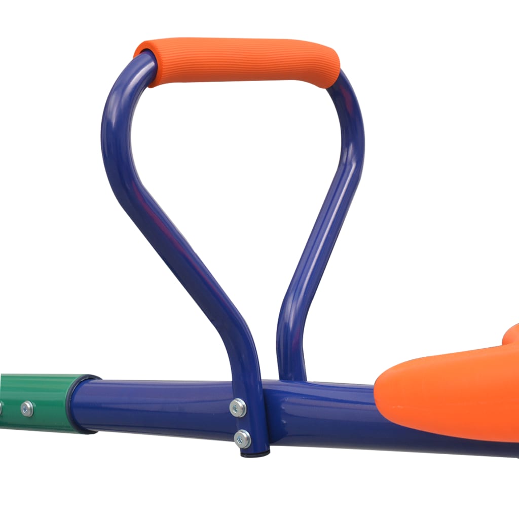 Colorful 360-degree rotating seesaw for childrens playtime, in vibrant orange, blue, and green.