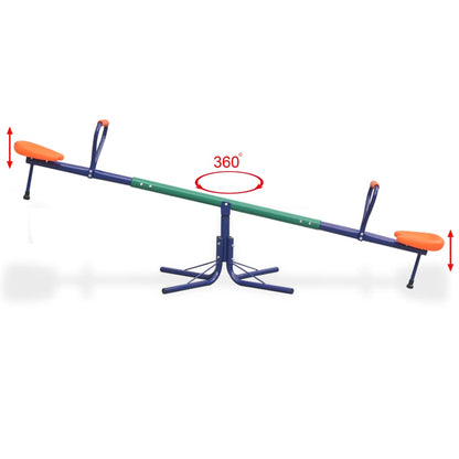 Colorful 360-degree rotating seesaw, perfect outdoor play equipment for kids at home.