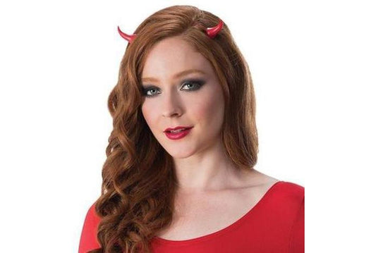 Red devil horns clip-on accessory for adults, perfect for Halloween costumes or theater.