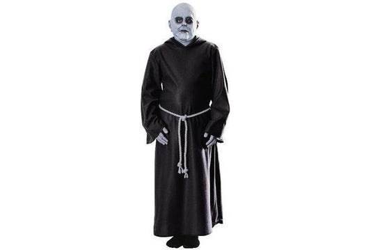 Child Uncle Fester Addams Family Costume with Mask for spooky home dress-up fun.