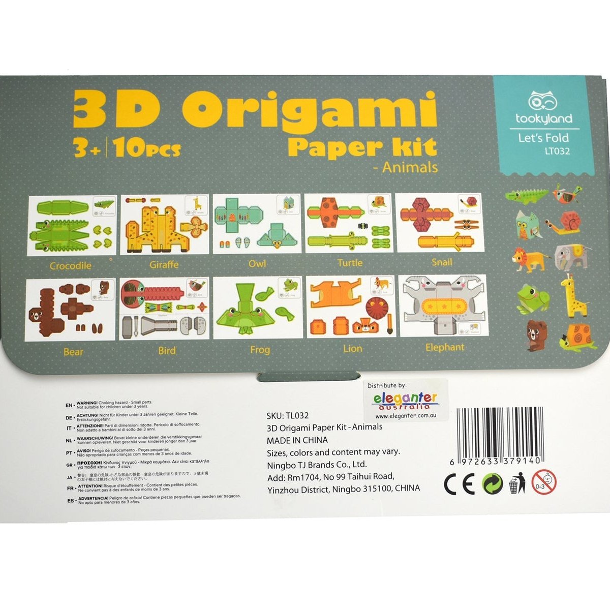 Colorful 3D origami animals kit, ideal for childrens crafts and imaginative play at home.