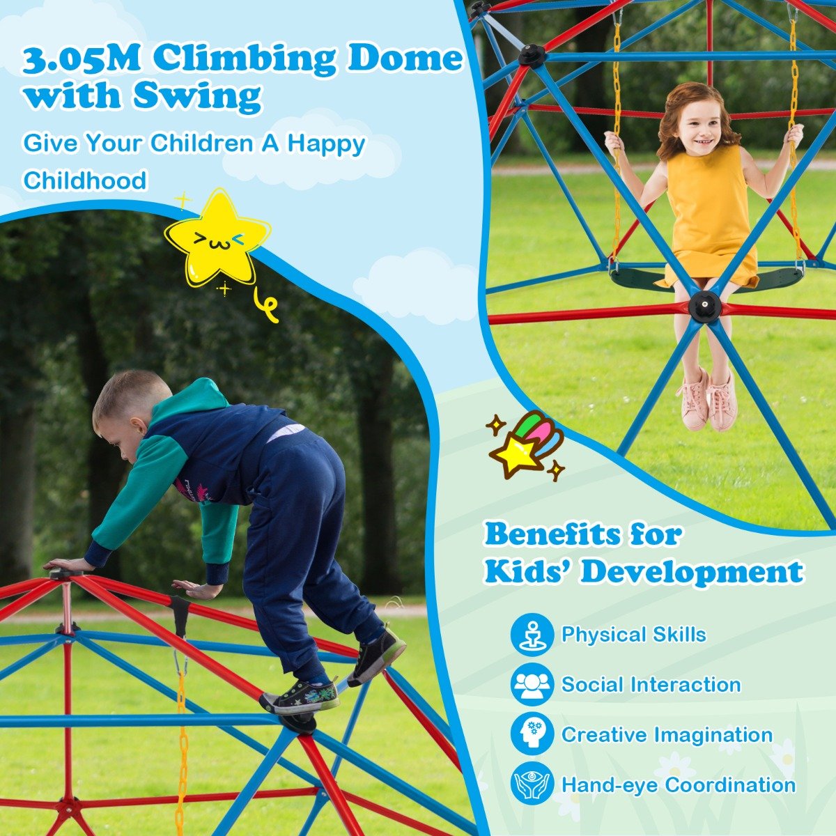 3m Geometric Dome Climber with Swing - Play and Fitness